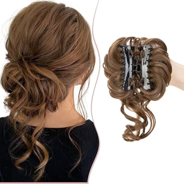 SEGO Claw Messy Bun Hairpieces Wavy Curly 75G Thick Hair Chignon Tousled Updo Doughnut Hair Bun Synthetic Ponytail, Ash Brown - Image 1